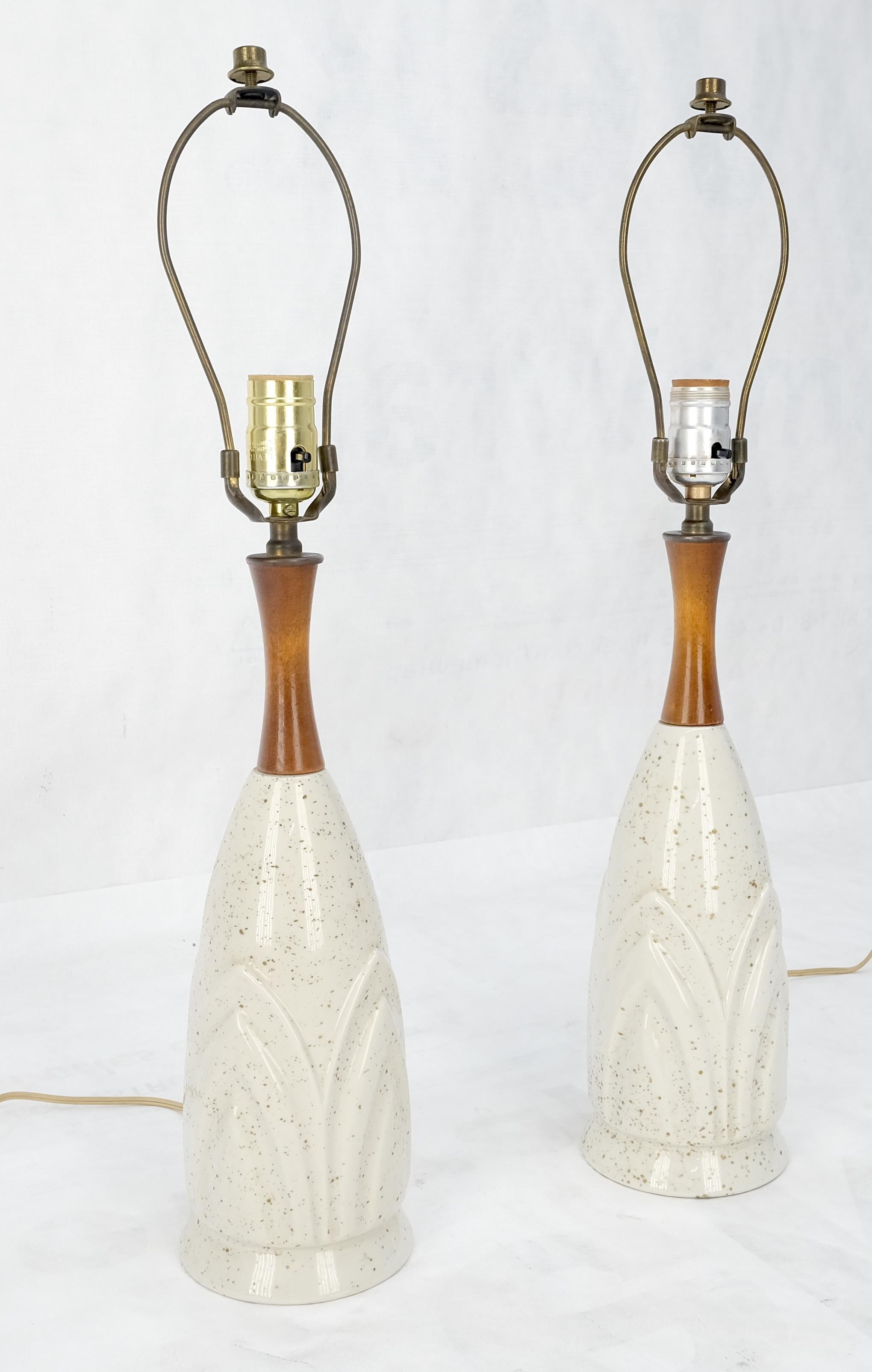 Lacquered Pair Mid Century Lotus Motive Ceramic Pottery & Turned Walnut Bases Table Lamps  For Sale