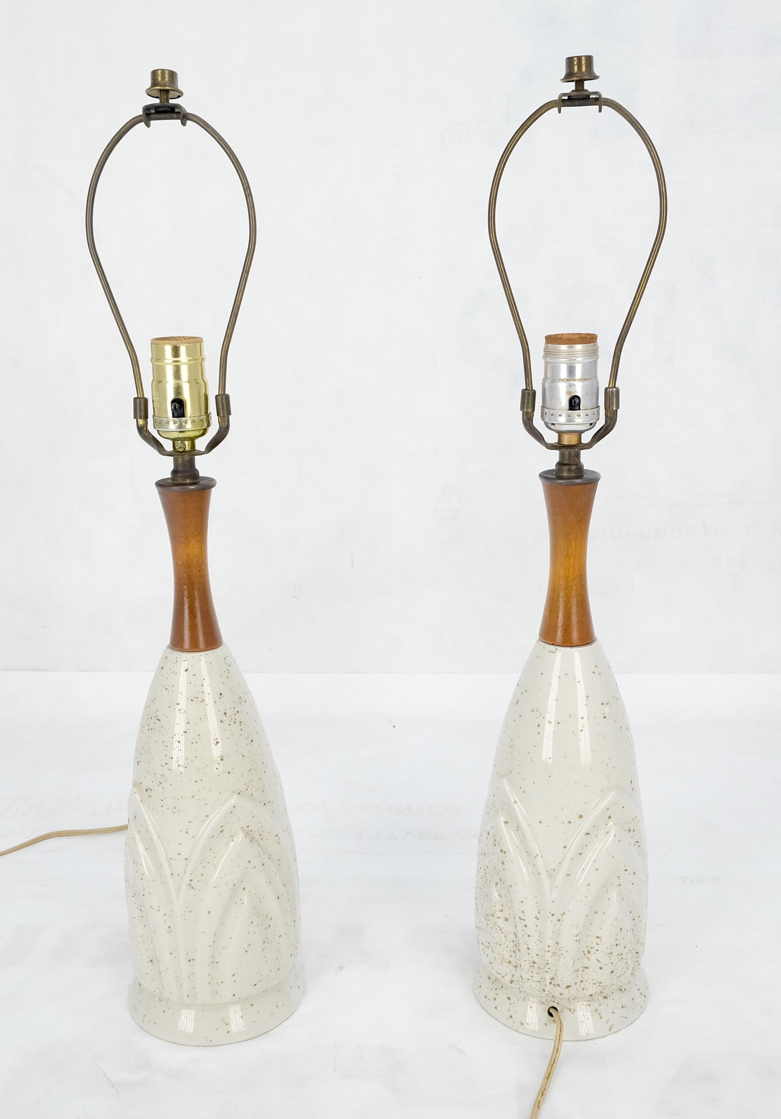 20th Century Pair Mid Century Lotus Motive Ceramic Pottery & Turned Walnut Bases Table Lamps  For Sale