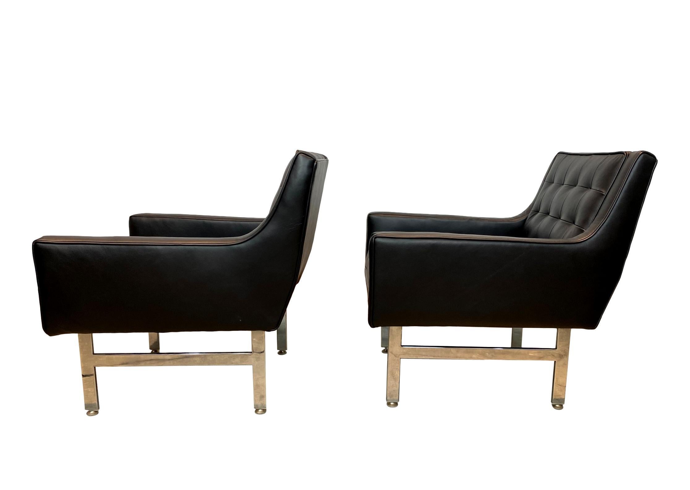 American Midcentury Lounge Chairs-Chrome Base-Newly Upholstered in Italian Leather, Pair For Sale