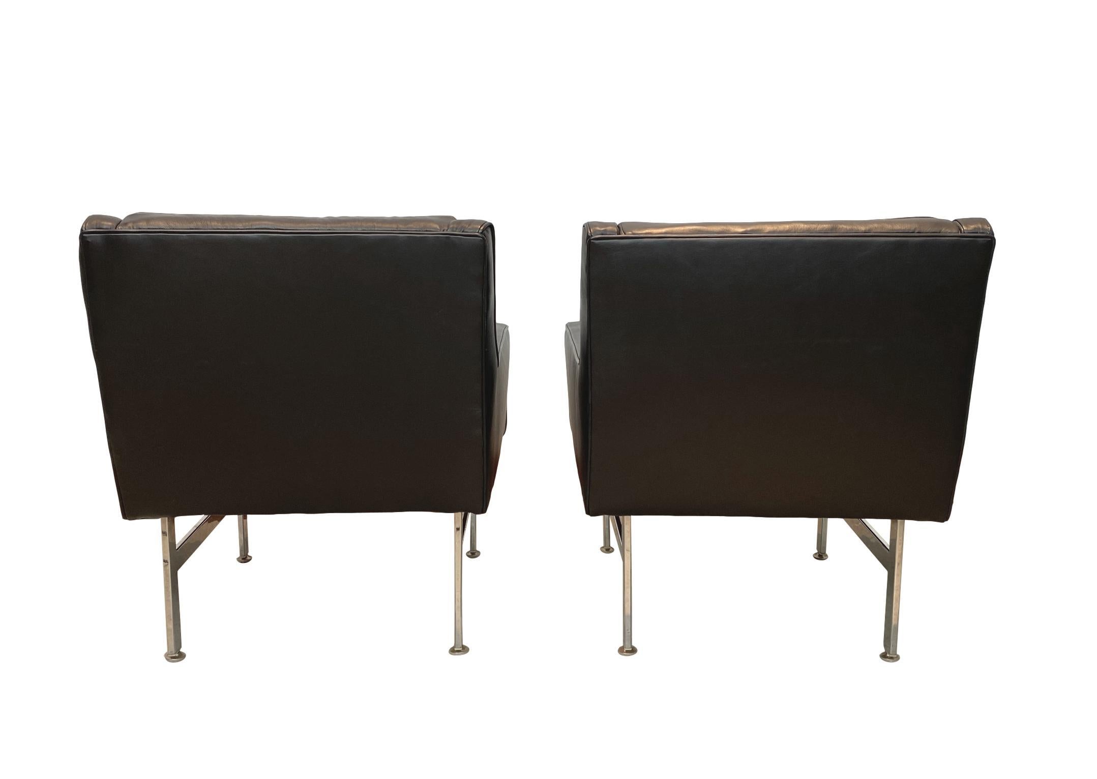Forged Midcentury Lounge Chairs-Chrome Base-Newly Upholstered in Italian Leather, Pair For Sale