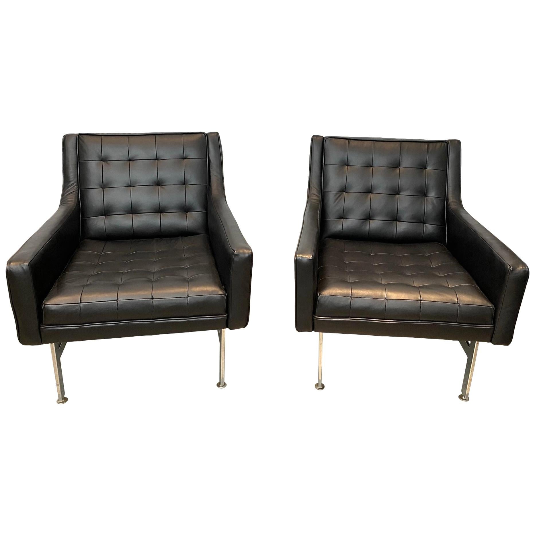 Midcentury Lounge Chairs-Chrome Base-Newly Upholstered in Italian Leather, Pair