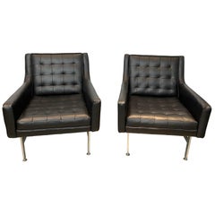 Retro Midcentury Lounge Chairs-Chrome Base-Newly Upholstered in Italian Leather, Pair