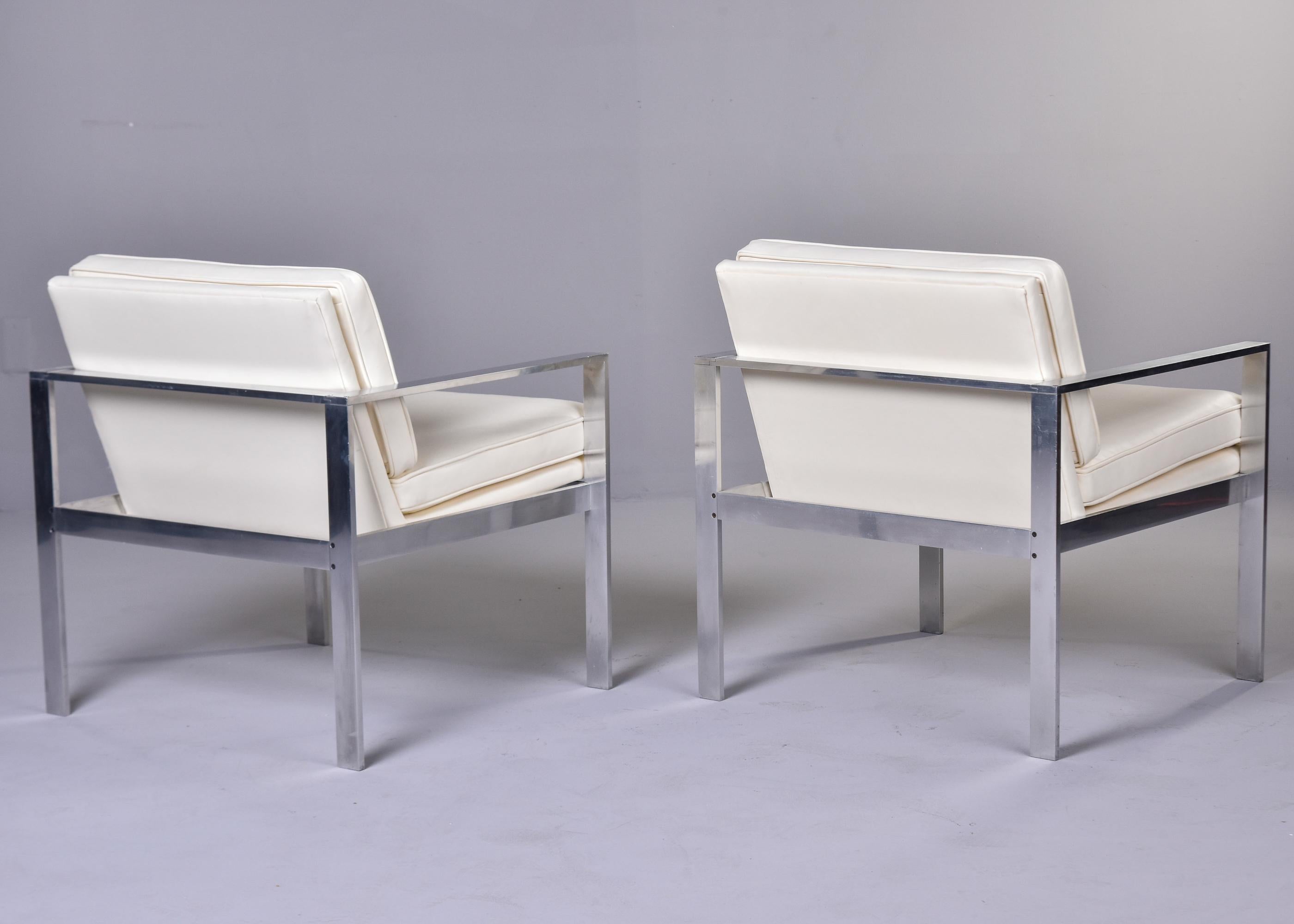 Aluminum Pair Mid Century Lounge Chairs in New Off White Leather Attrib to Harvey Probber