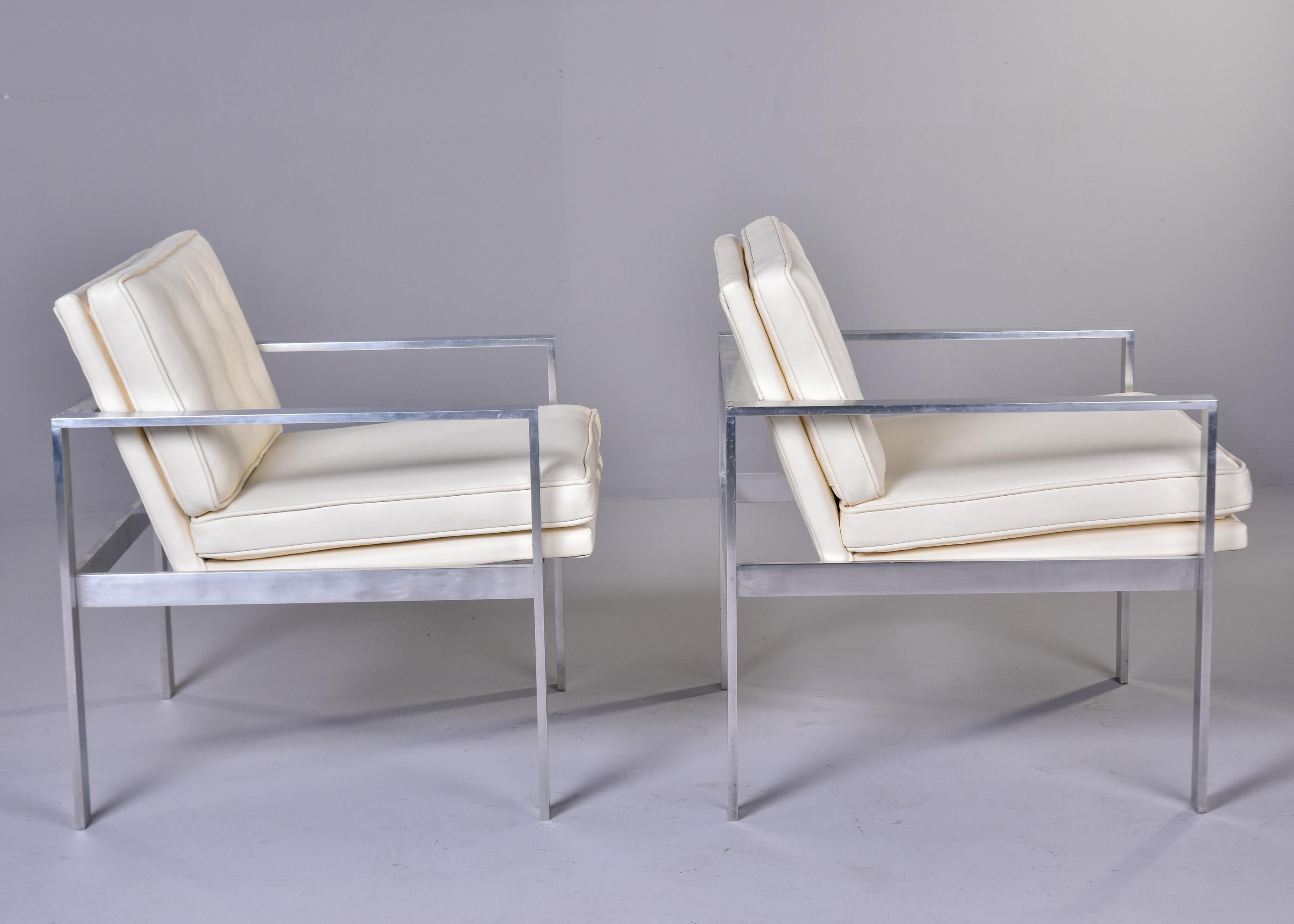 Pair Mid Century Lounge Chairs in New Off White Leather Attrib to Harvey Probber 1