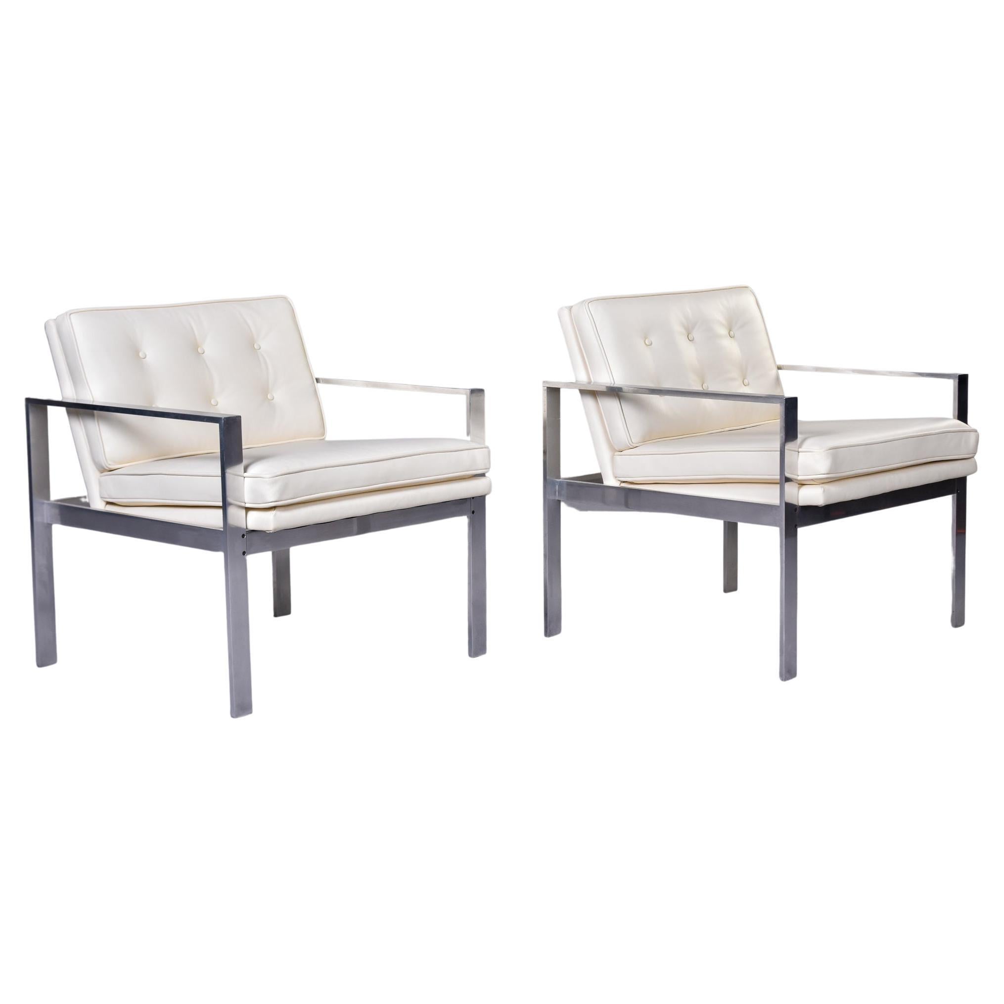 Pair Mid Century Lounge Chairs in New Off White Leather Attrib to Harvey Probber