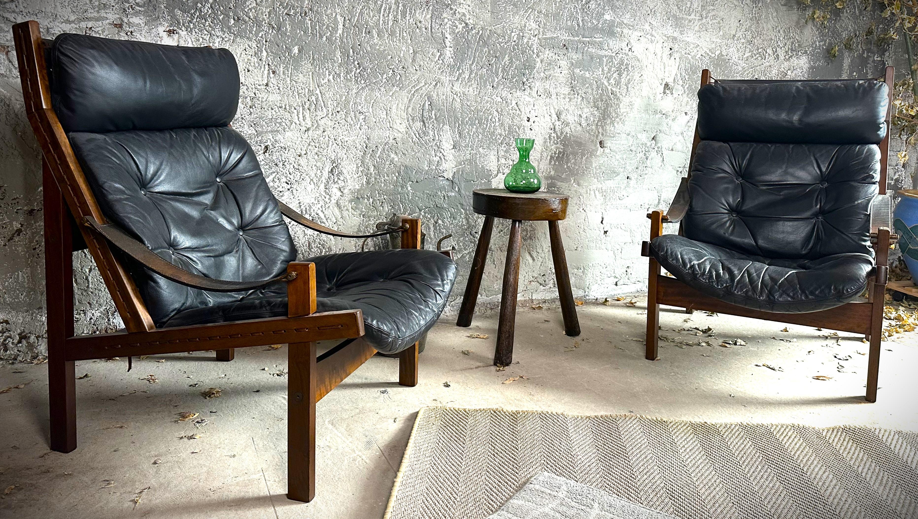 Leather Pair Mid-Century Lounge Hunter Chairs by Torbjørn Afdal for Bruksbo, Norway 1960 For Sale