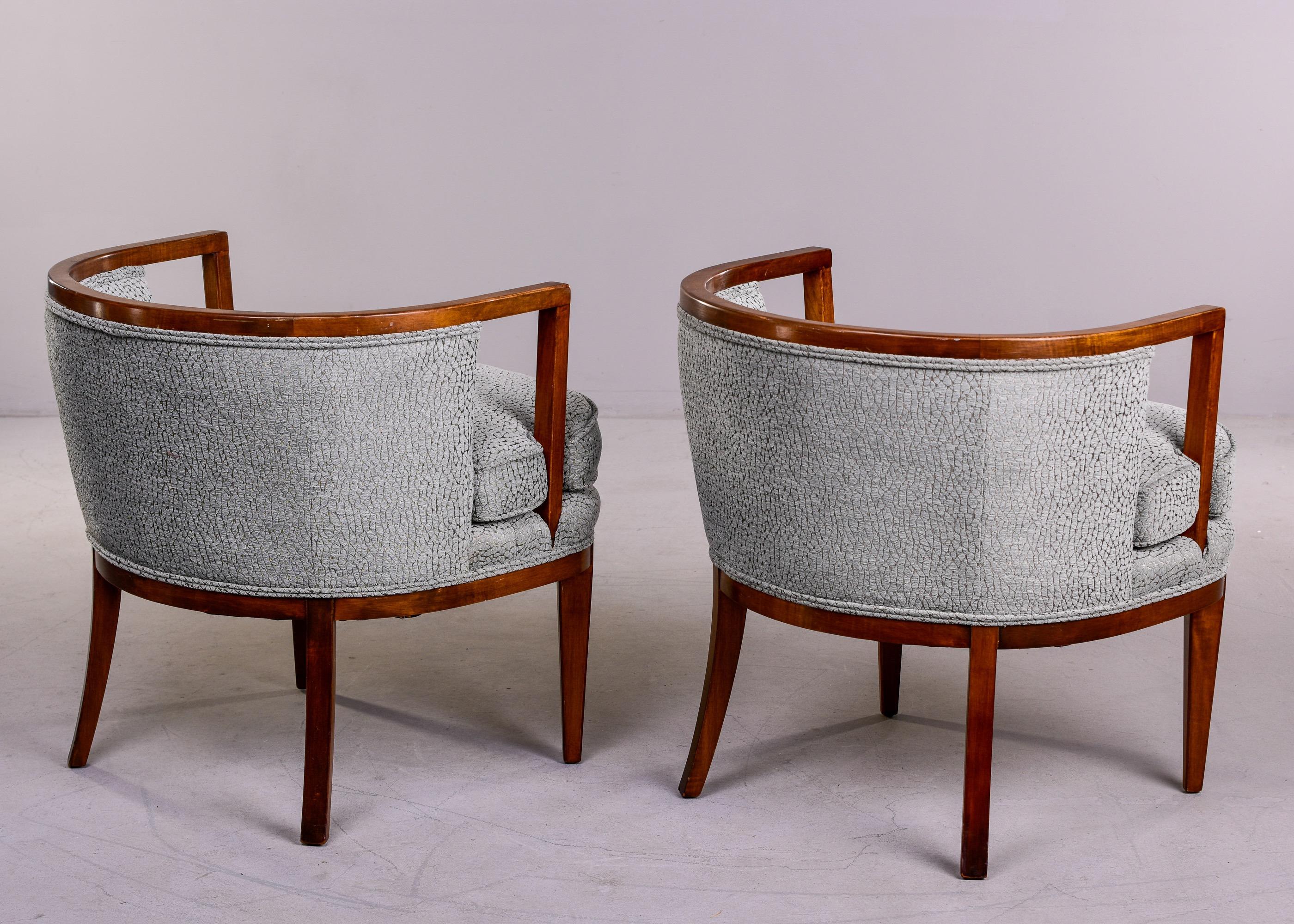 Pair Mid Century Low Back Walnut Frame Club Tub Chairs with New Upholstery In Good Condition In Troy, MI