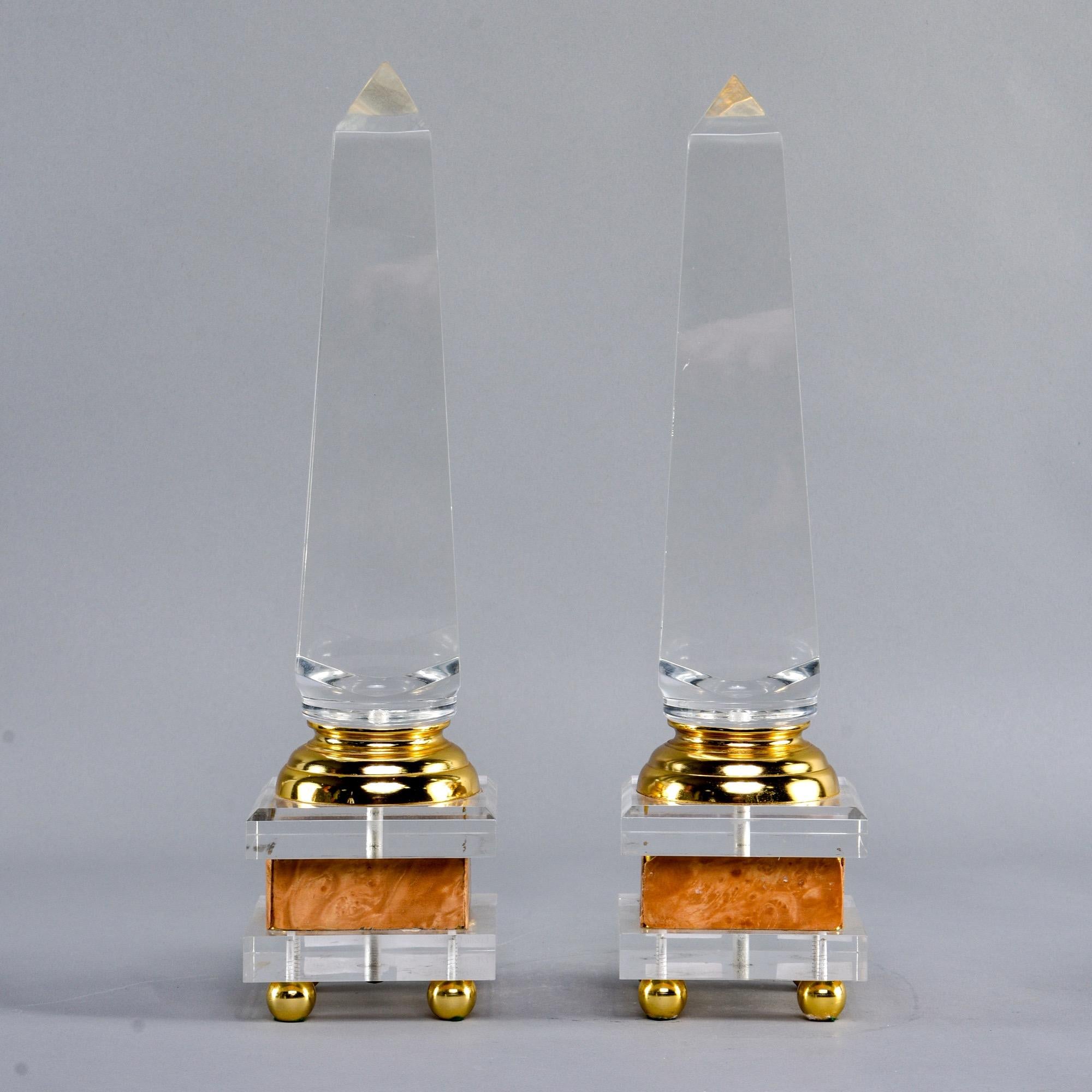 Mid-Century Modern Pair of Midcentury Lucite and Brass Footed Obelisks For Sale