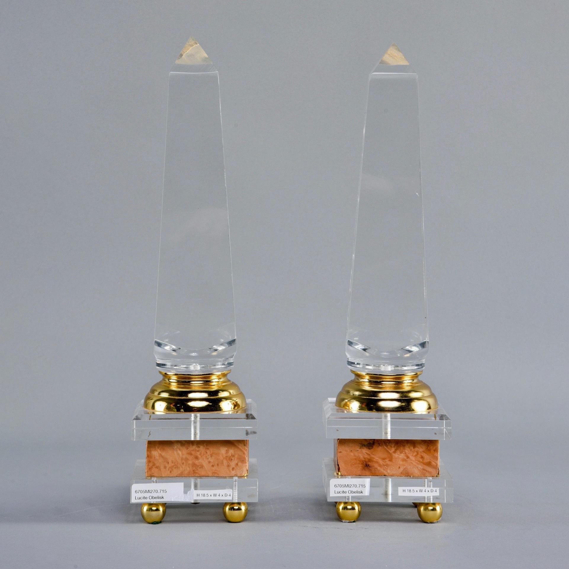 French Pair of Midcentury Lucite and Brass Footed Obelisks For Sale