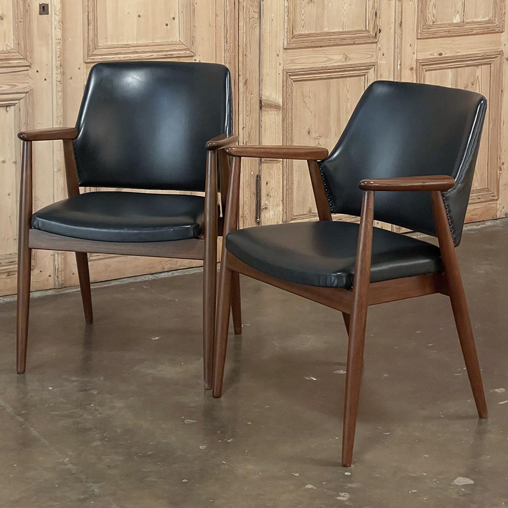 French Pair Mid-Century Mahogany & Faux Leather Armchairs For Sale
