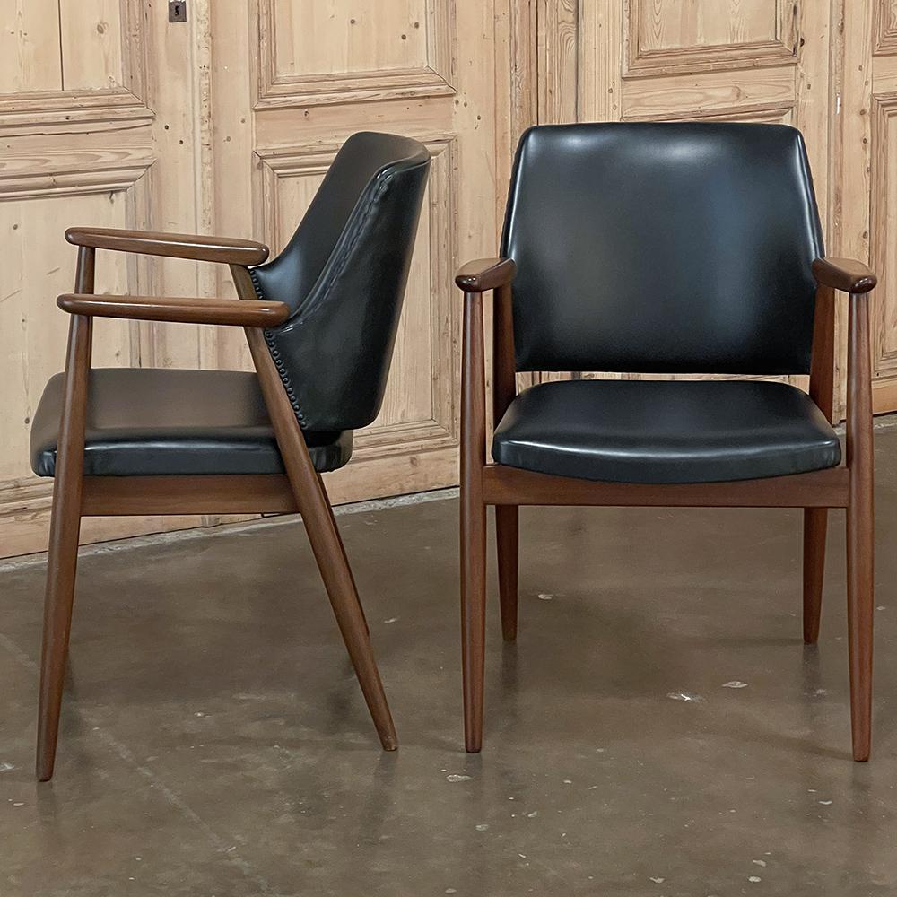 Hand-Crafted Pair Mid-Century Mahogany & Faux Leather Armchairs For Sale