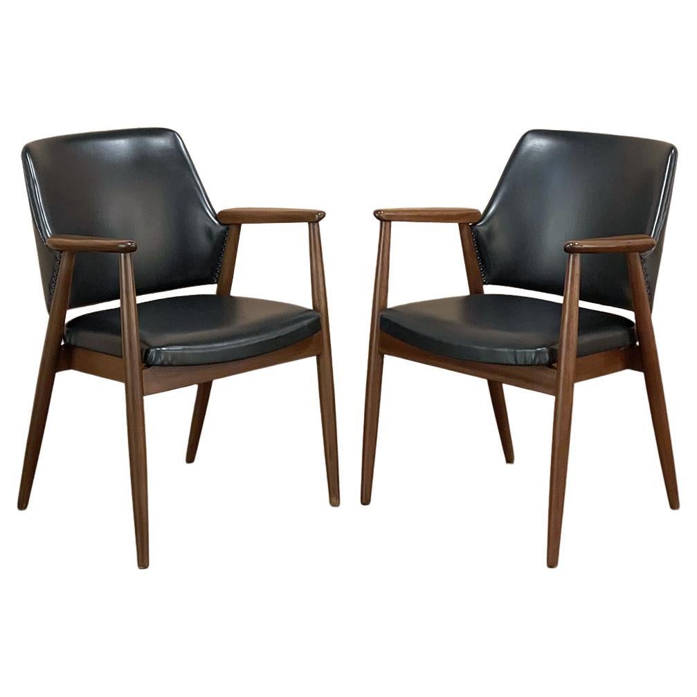 Pair Mid-Century Mahogany & Faux Leather Armchairs For Sale