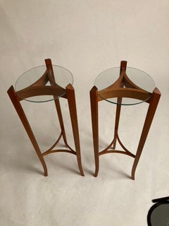 Pair Mid Century Maple Tripod Stands With Round Glass Tops