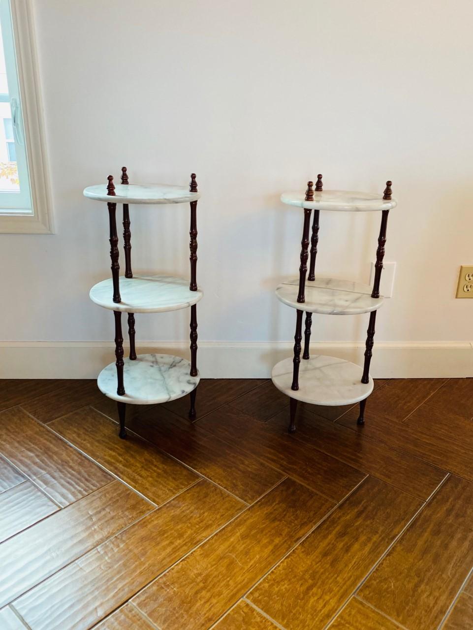 Mid-20th Century Pair of Midcentury Marble and Wood Spindle 3-Tier Tables