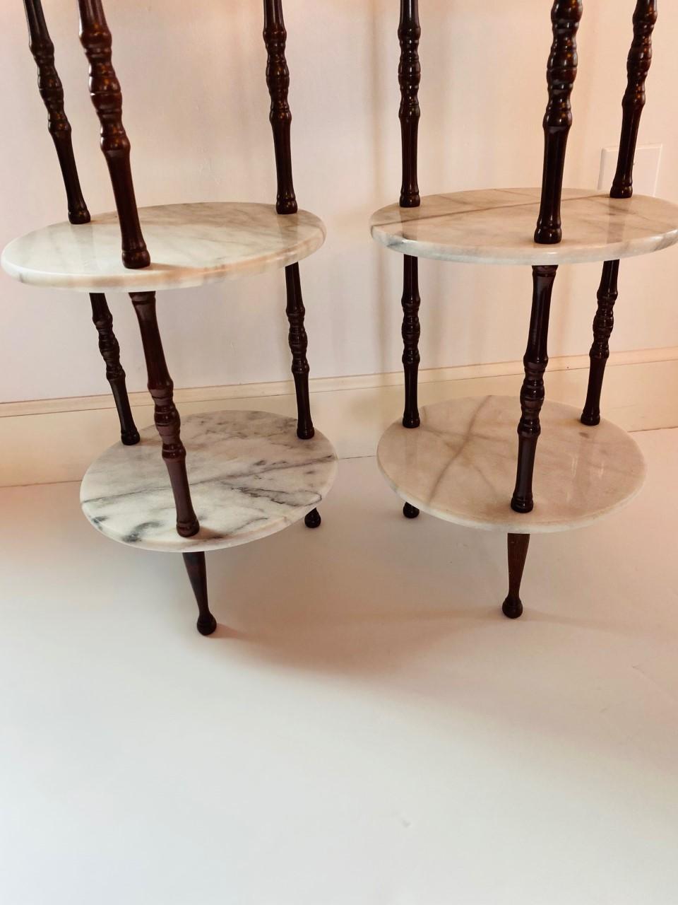 American Pair of Midcentury Marble and Wood Spindle 3-Tier Tables