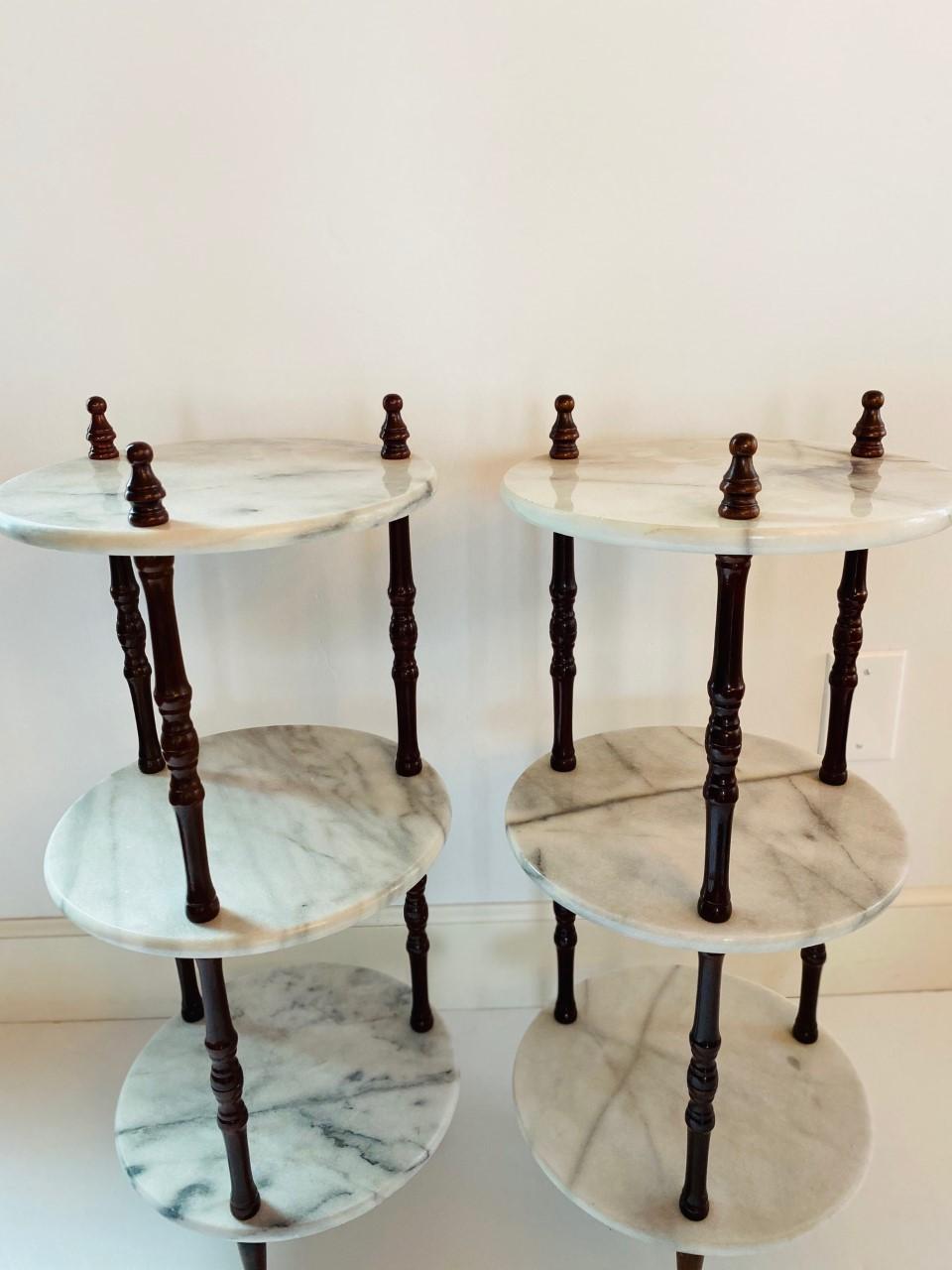 Hand-Crafted Pair of Midcentury Marble and Wood Spindle 3-Tier Tables