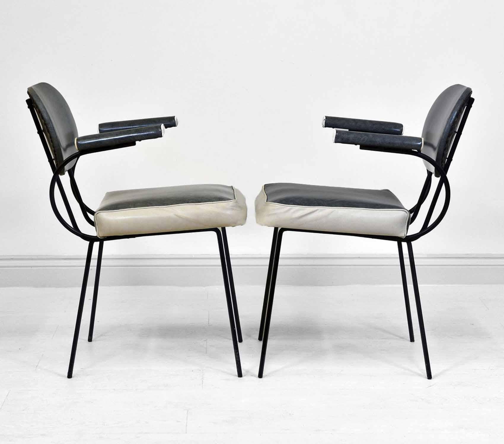 European Pair Mid Century Metal & Vinyl Armchairs