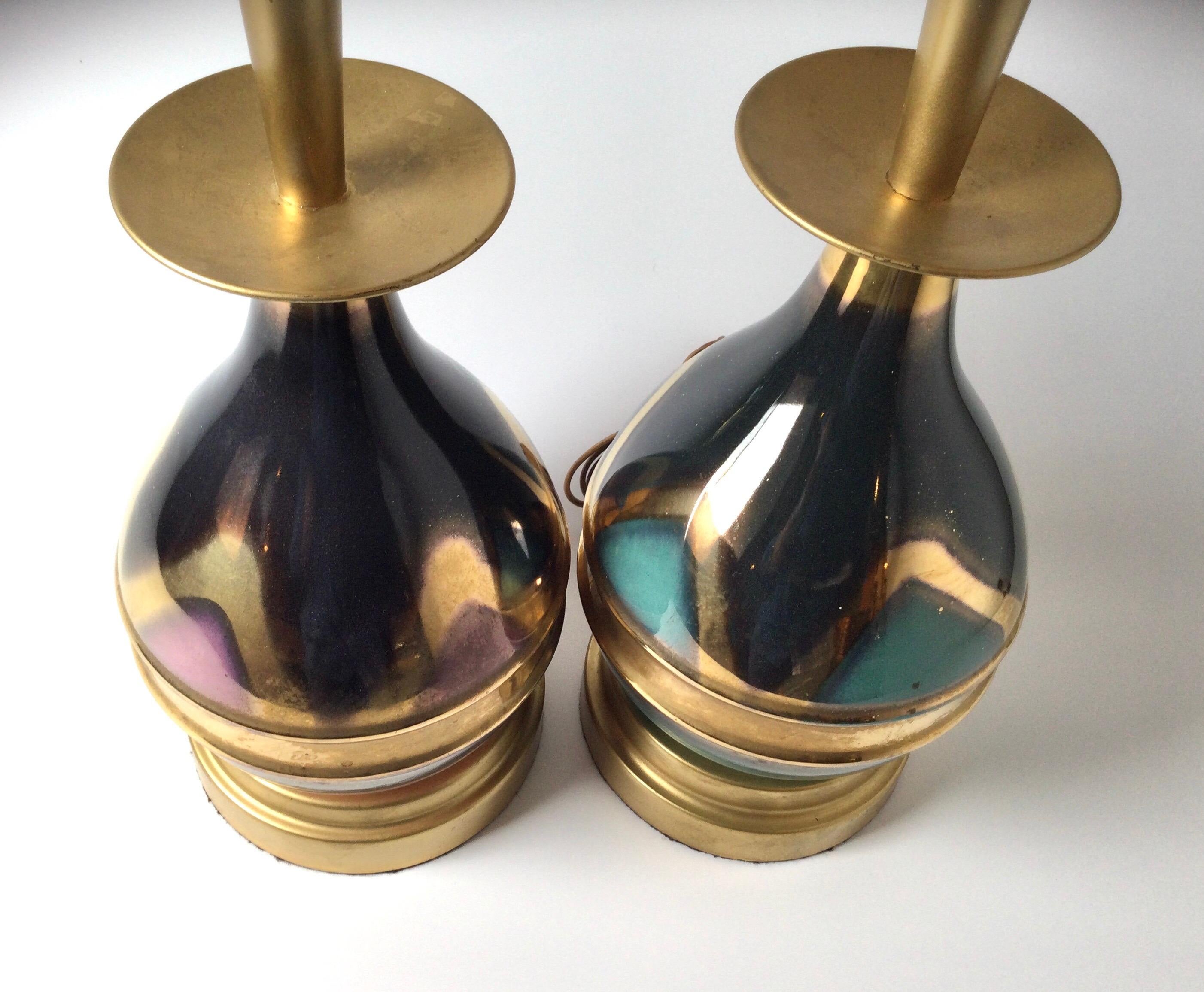 American Pair of Mid-Century Modern 1950s Metal and Metallic Glazed Porcelain Lamps For Sale