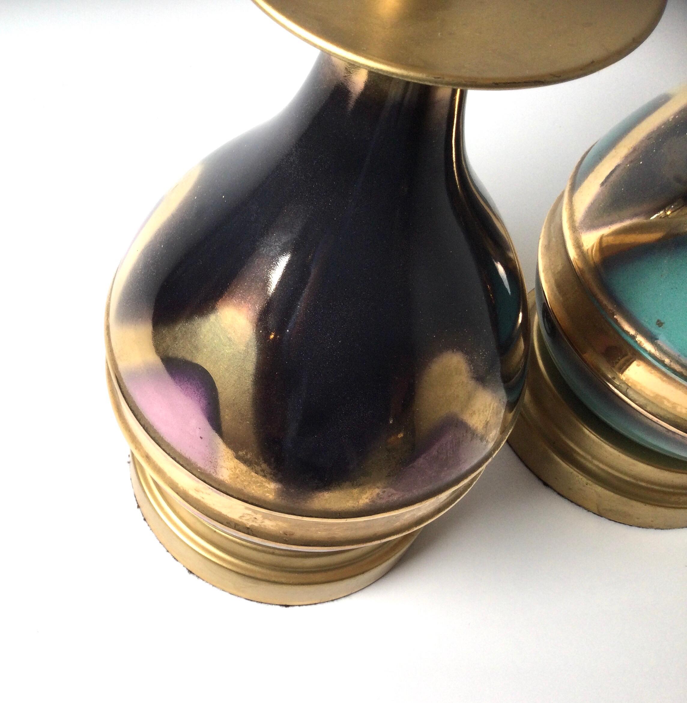 Pair of Mid-Century Modern 1950s Metal and Metallic Glazed Porcelain Lamps For Sale 1