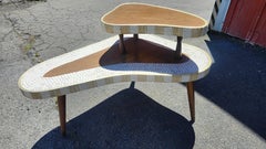 Pair Mid-Century Modern 2 Tier Tiled Tables w Tiled Apron & Brass Kidney Shaped