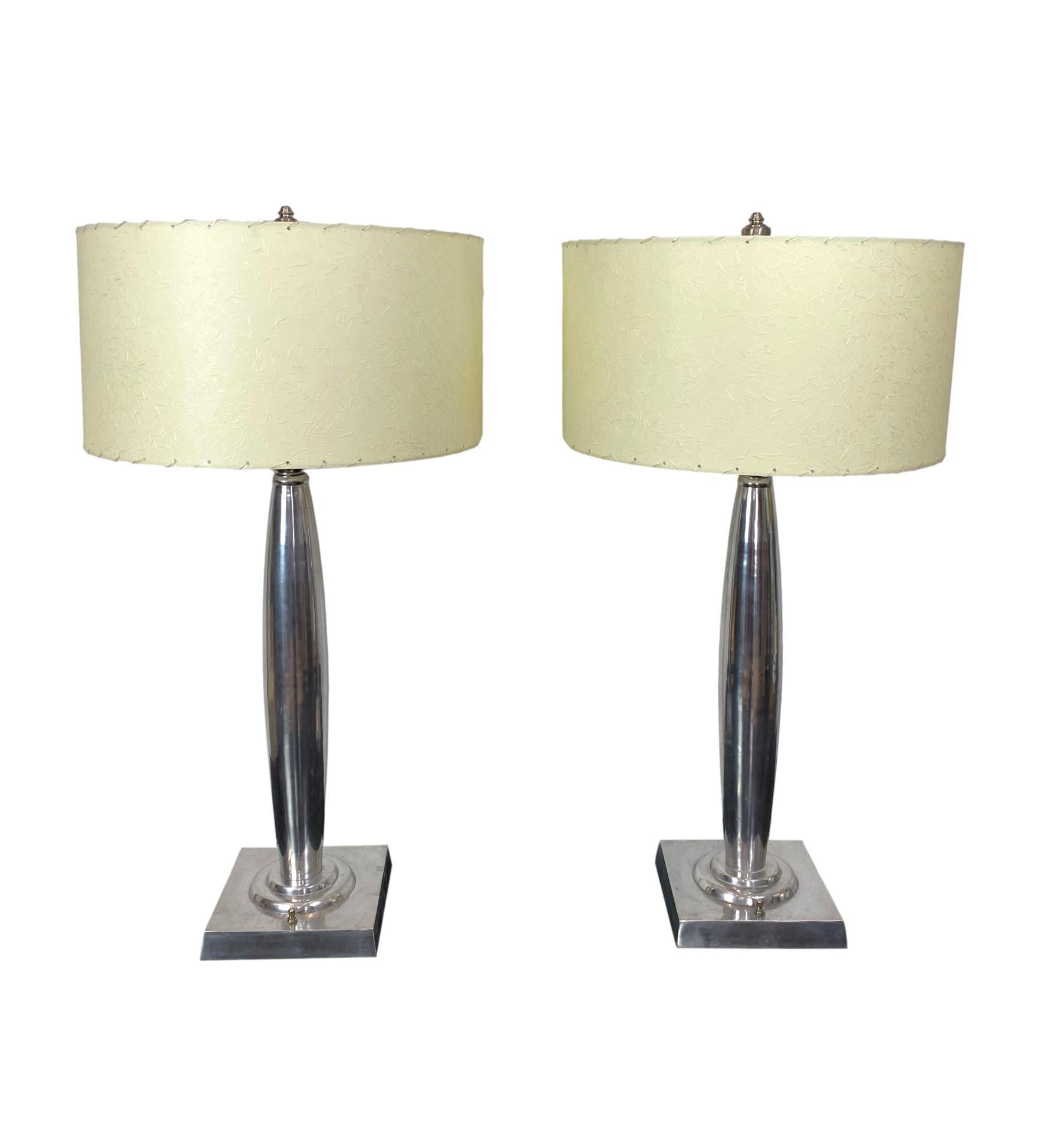 20th Century Pair Mid-Century Modern Aluminum Table Lamps with New Custom Laced Shades French For Sale