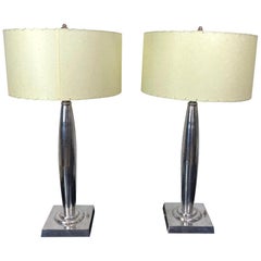 Pair Mid-Century Modern Aluminum Table Lamps with New Custom Laced Shades French