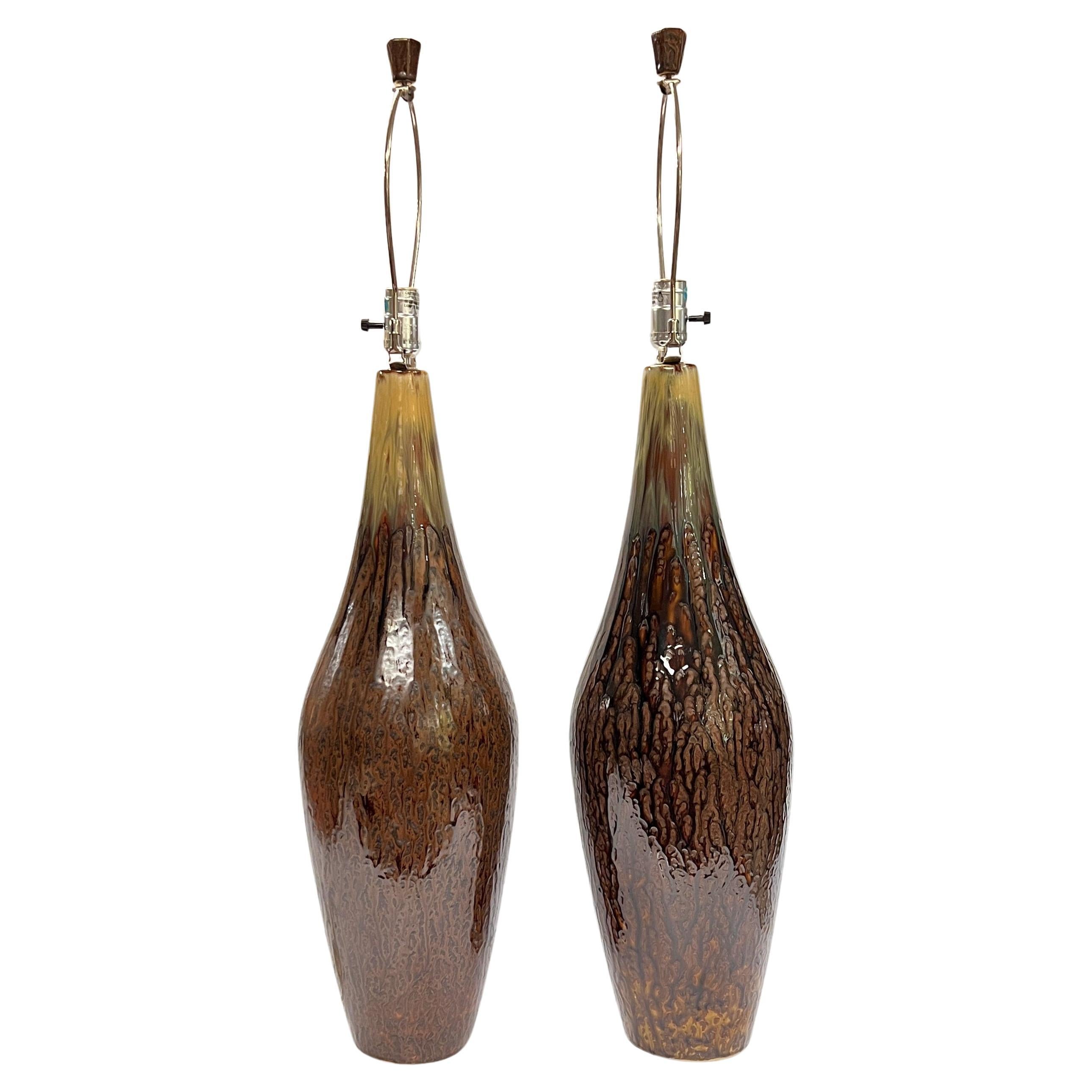 Pair Mid-Century Modern Amber and Brown Glazed Ceramic Table Lamps For Sale