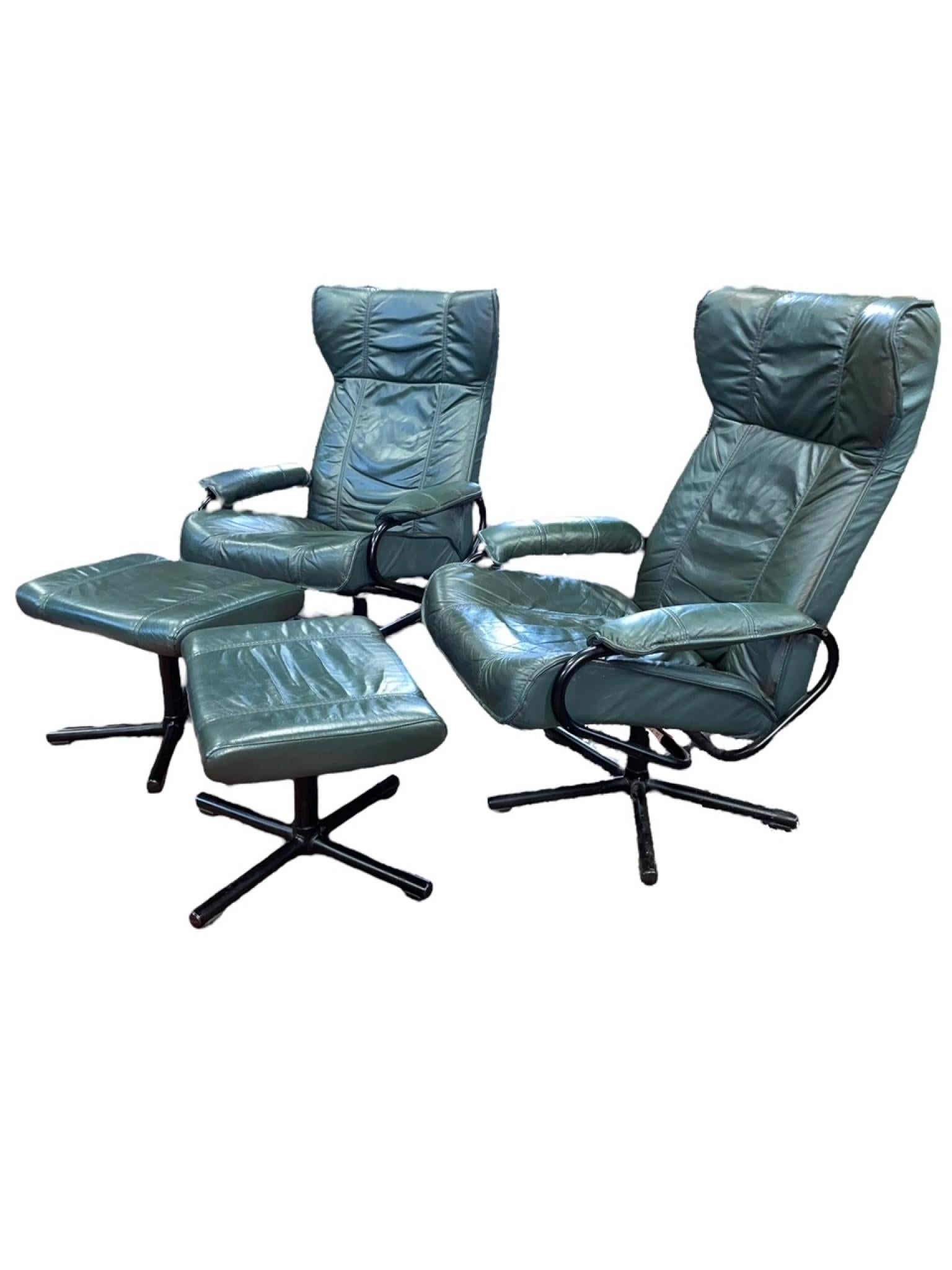A Pair of Mid Century style Danish Kebe Green Leather Swivel Reclining Chairs with Matching Foot Stools.
Great interiors pair, very comfortable to sit in, especially with foot stools
Circa Date  1970
Offered in Excellent Condition. Ready for home