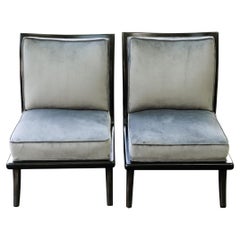 Pair Mid-Century Modern/Art Deco Ebonized Lounge Chairs with Velvet Upholstery