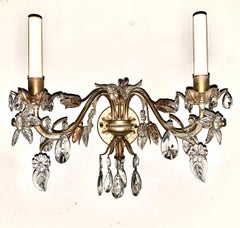Pair Mid Century Modern Bagues Style Gilt Metal Leaf Flower Crystal Sconces