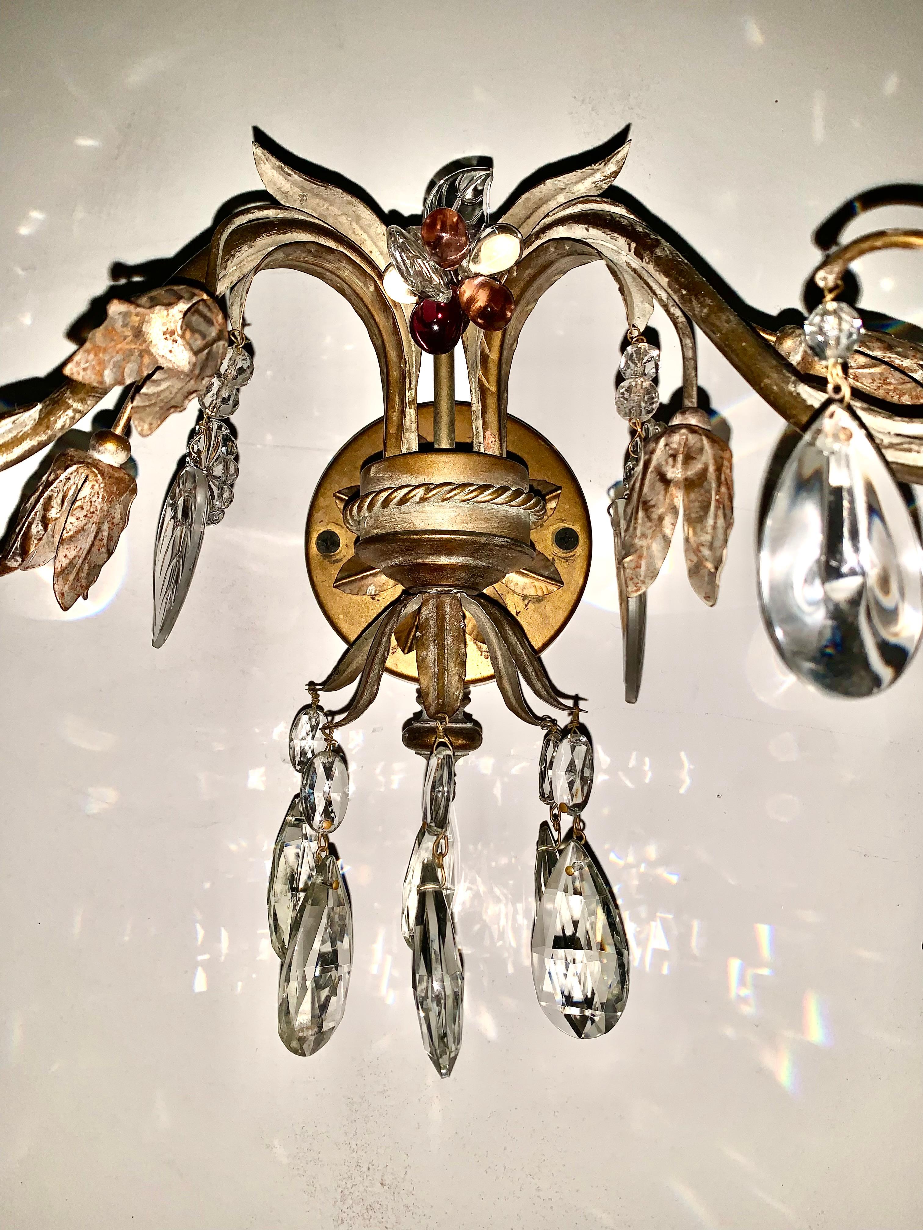 French Pair Mid Century Modern Bagues Style Gilt Metal Leaf Flower Crystal Sconces For Sale