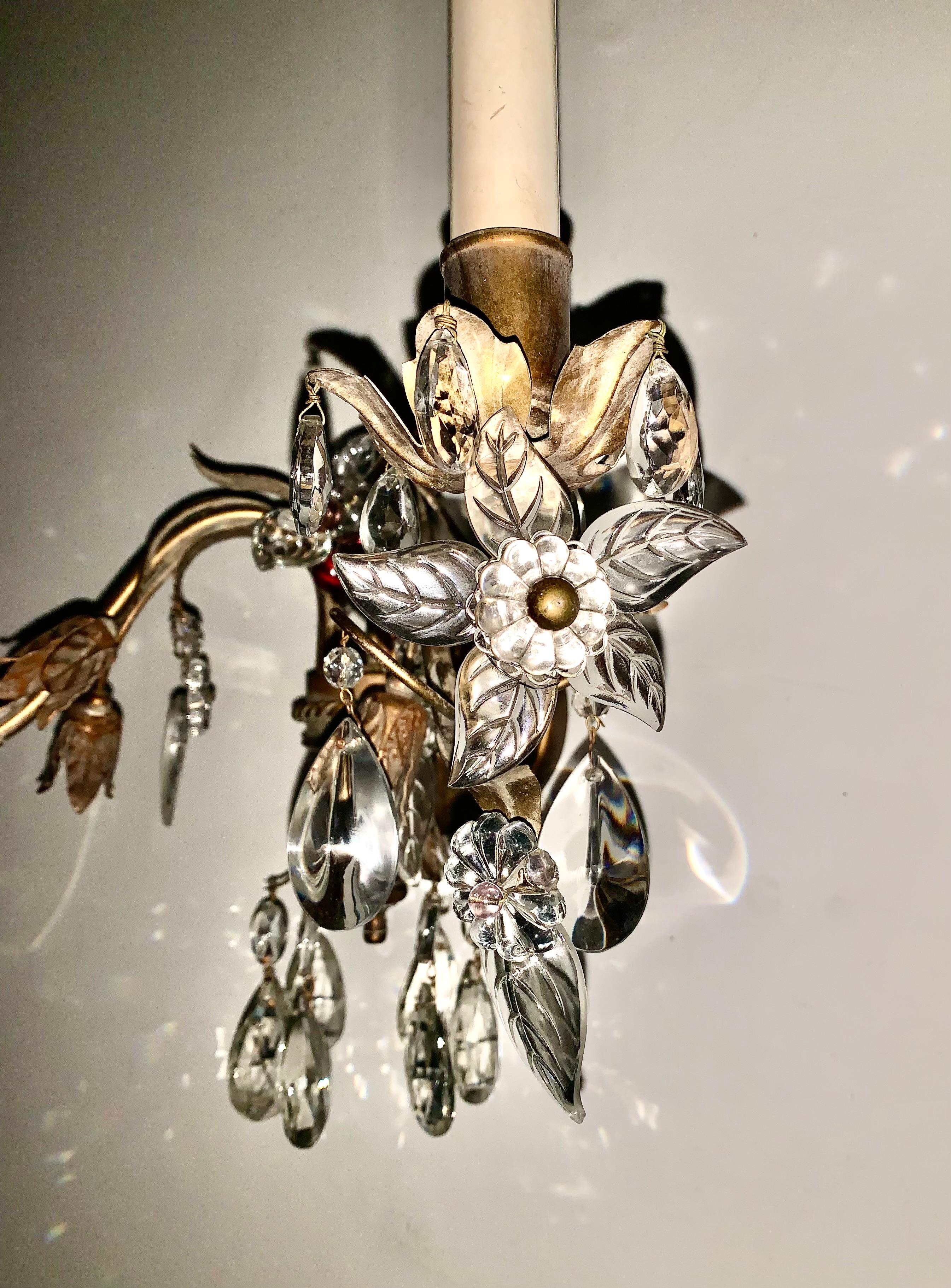 Pair Mid Century Modern Bagues Style Gilt Metal Leaf Flower Crystal Sconces In Good Condition For Sale In New York, NY