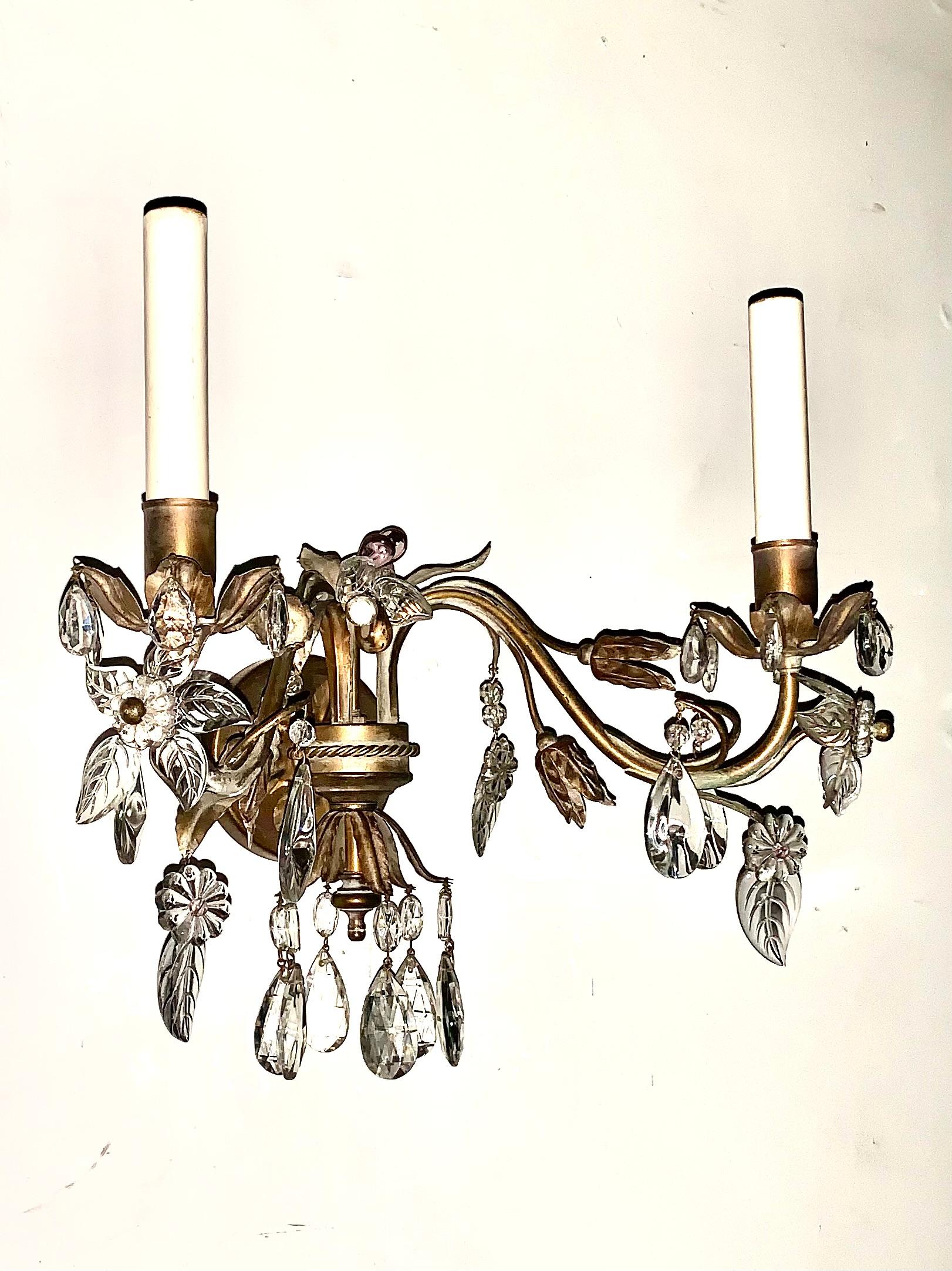 20th Century Pair Mid Century Modern Bagues Style Gilt Metal Leaf Flower Crystal Sconces For Sale
