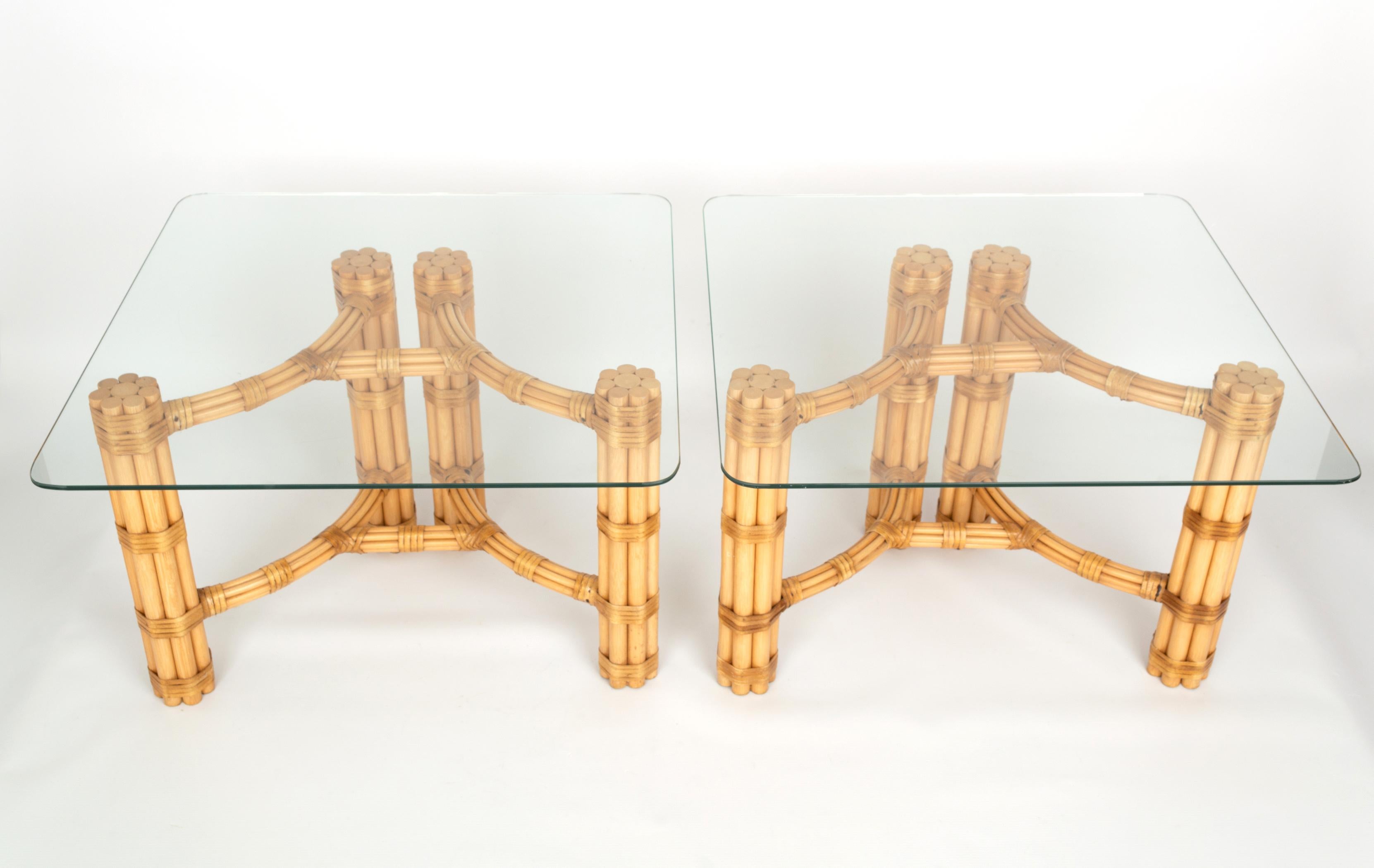 Italian Pair Mid-Century Modern Bamboo and Glass Side End Tables, Dal Vera C.1960, Italy For Sale