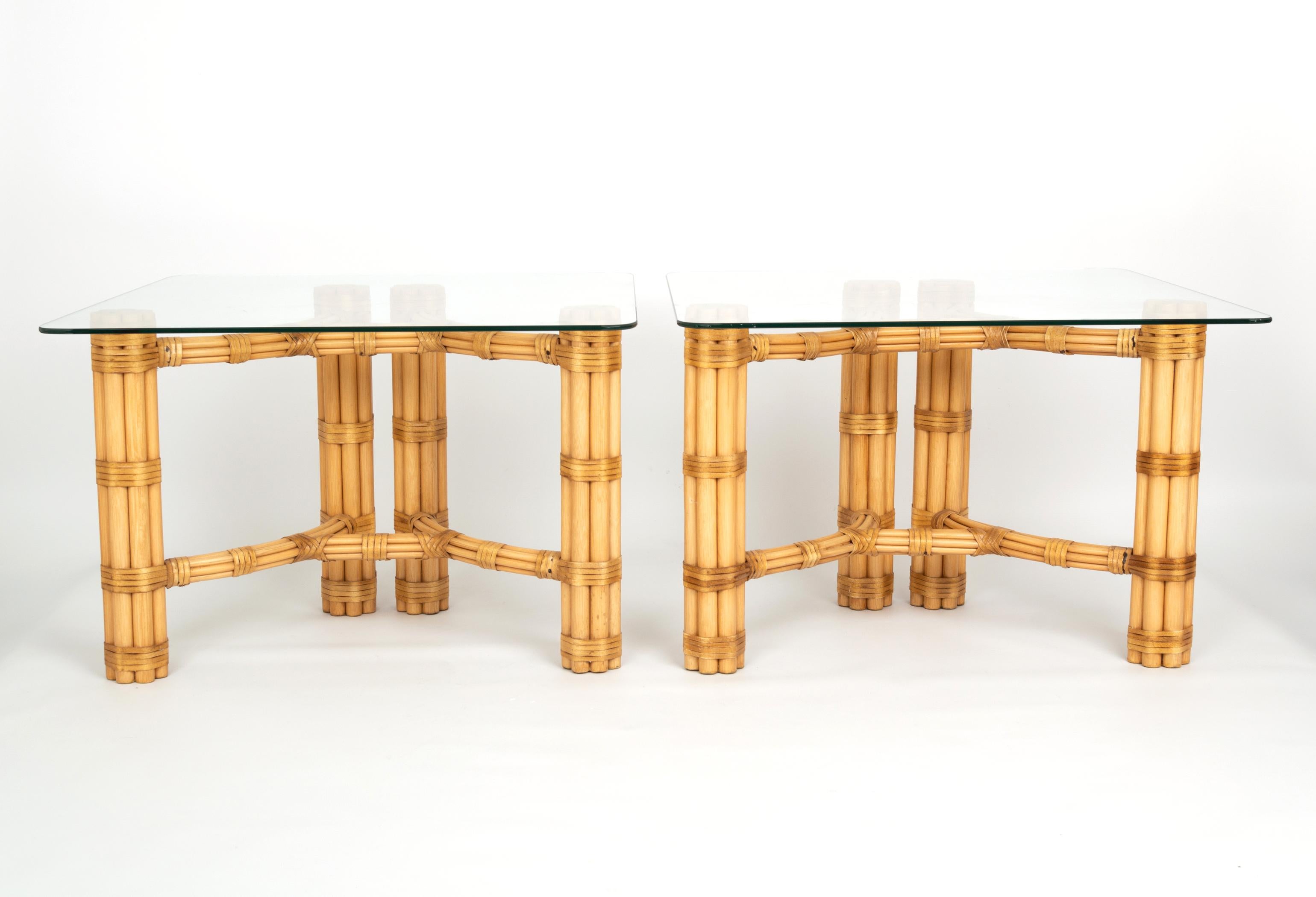 Pair Mid-Century Modern Bamboo and Glass Side End Tables, Dal Vera C.1960, Italy For Sale 1