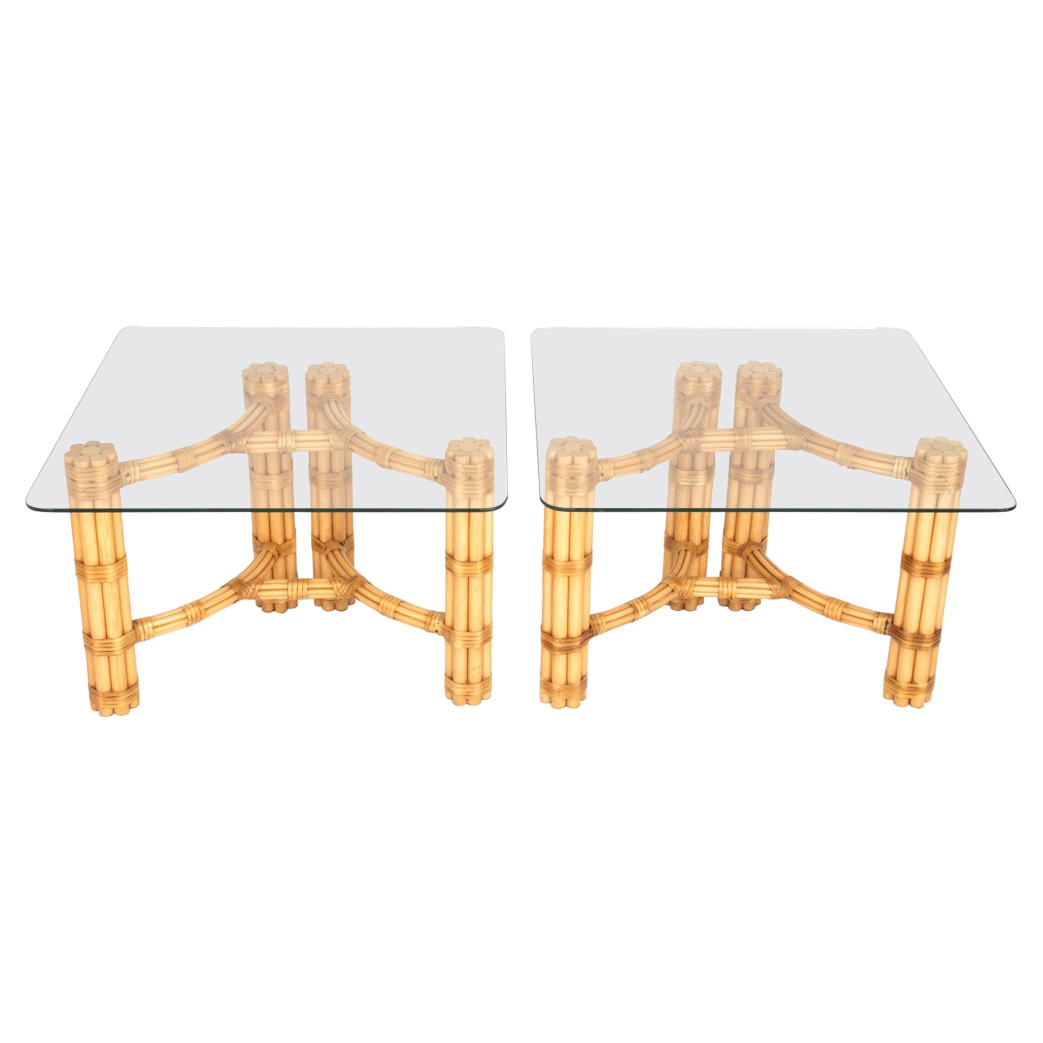 Pair Mid-Century Modern Bamboo and Glass Side End Tables, Dal Vera C.1960, Italy For Sale