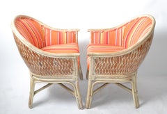 Pair, Mid-Century Modern Bamboo & Cane Armchair Orange Striped Upholstery, 1970