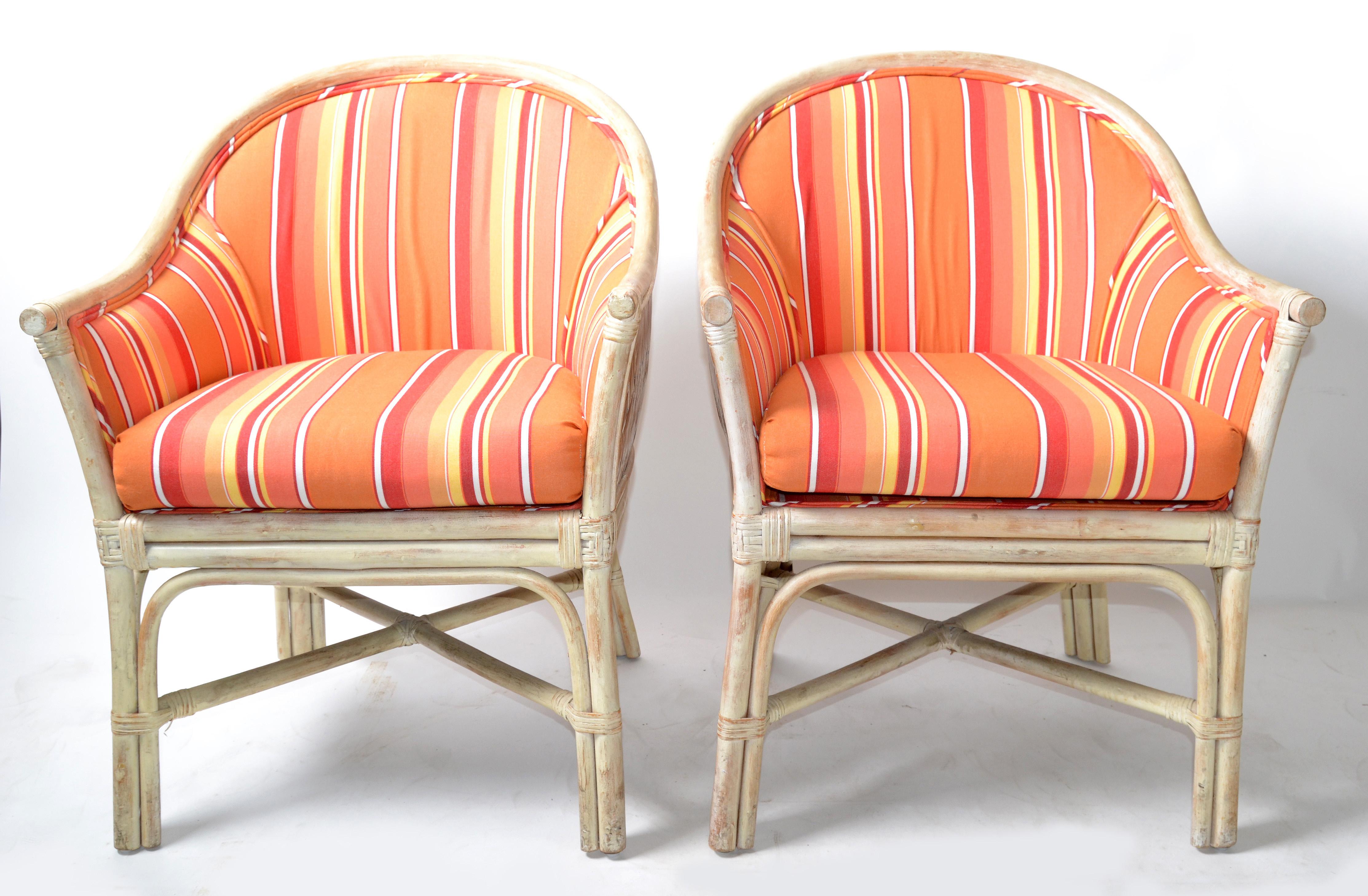 American Pair, Mid-Century Modern Bamboo & Cane Armchair Orange Striped Upholstery, 1970 For Sale