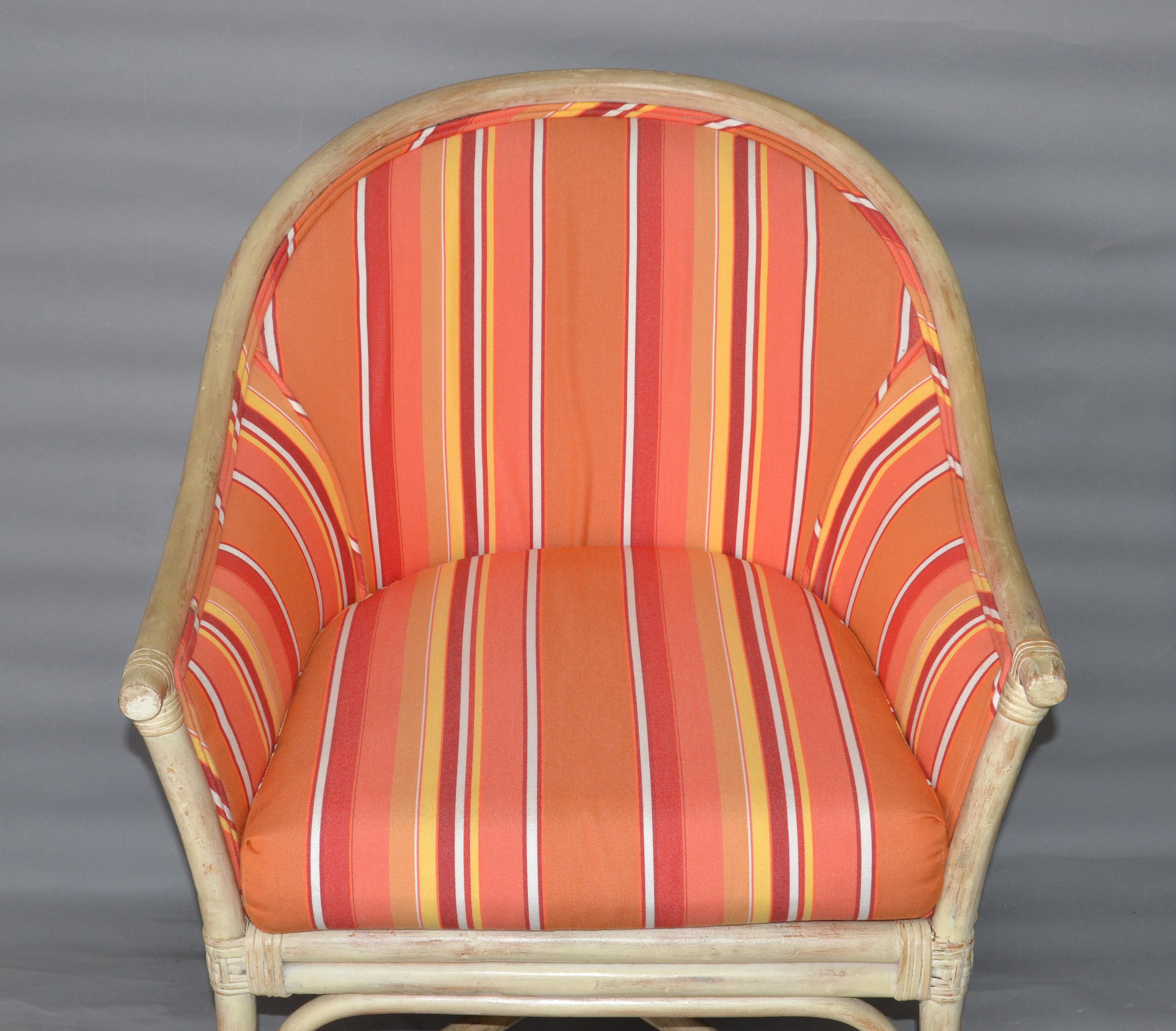20th Century Pair, Mid-Century Modern Bamboo & Cane Armchair Orange Striped Upholstery, 1970 For Sale