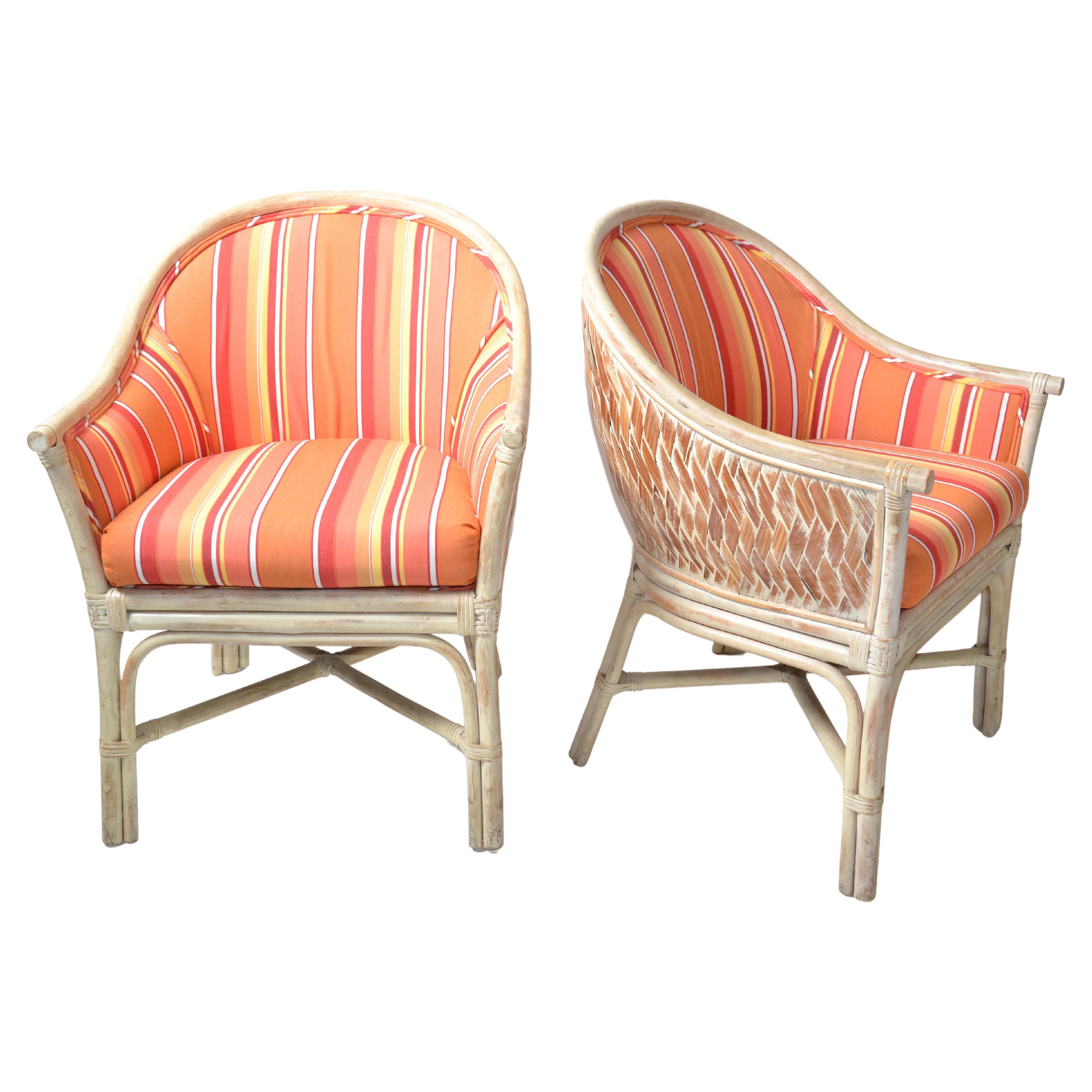 Pair, Mid-Century Modern Bamboo & Cane Armchair Orange Striped Upholstery, 1970 For Sale