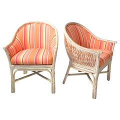 Pair, Mid-Century Modern Bamboo & Cane Armchair Orange Striped Upholstery, 1970