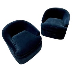 Pair Mid-Century Modern Baughman Style Blue Suede Tub / Swivel / Lounge Chairs