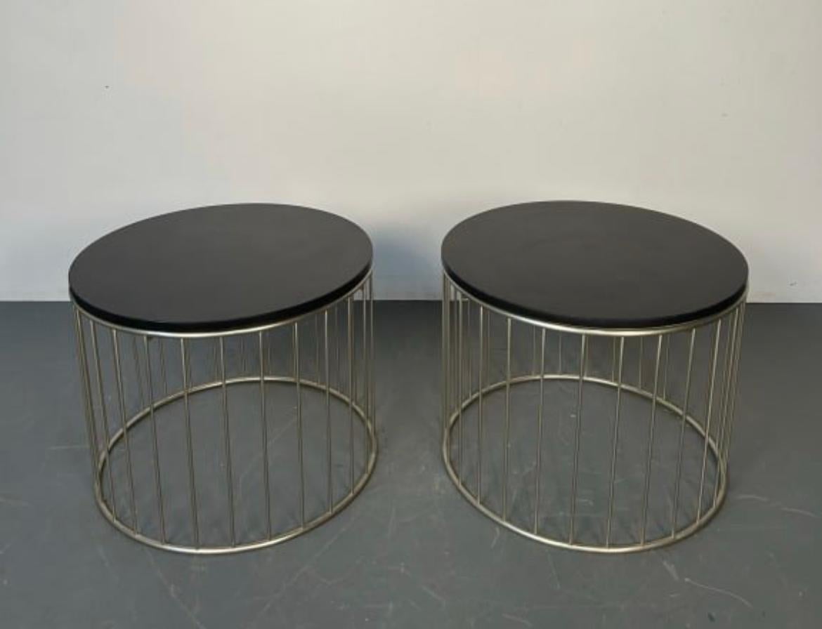 Pair of Mid Century Black Granite Top with spindle Metal Base Accent Tables. Both tables are in good vintage condition - both tops are a glossy finish bases seem to be nickel plated steel. Nice modern design. Made in the style of Warren Platner.