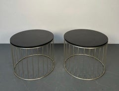 Pair Mid century modern black granite metal spindle base round end tables