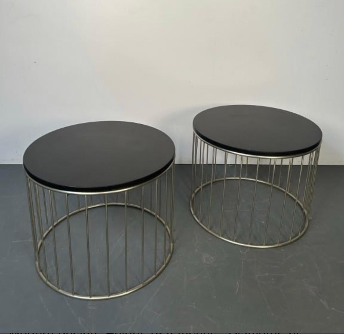 Mid-Century Modern Pair Mid century modern black granite metal spindle base round end tables  For Sale