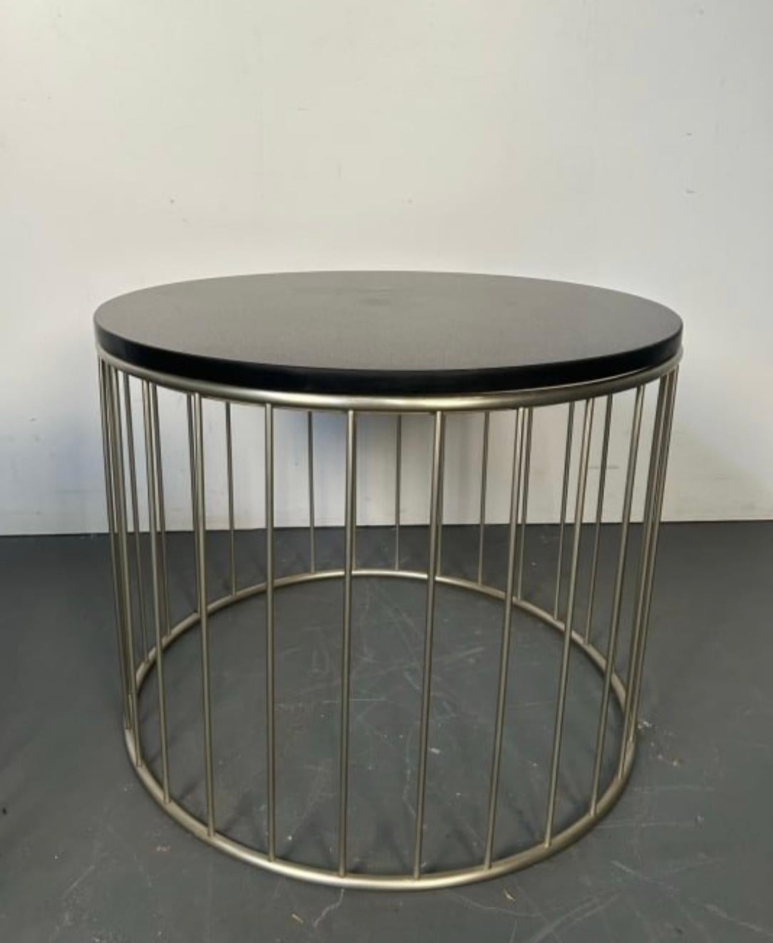 American Pair Mid century modern black granite metal spindle base round end tables  For Sale