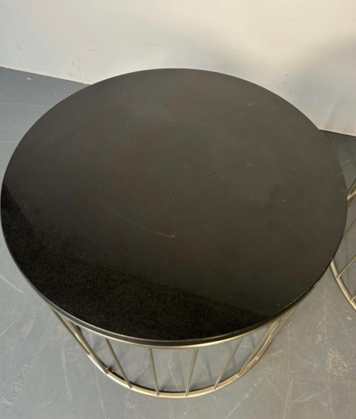 Pair Mid century modern black granite metal spindle base round end tables  In Good Condition For Sale In BROOKLYN, NY