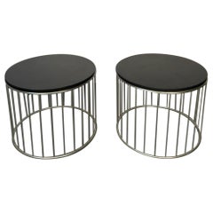 Pair Mid century modern black granite metal spindle base round end tables
