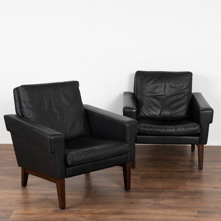 Pair, Mid Century Modern Black Leather Arm Chairs, Denmark Circa 1960