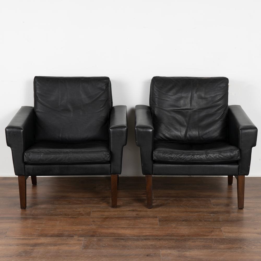 Danish Pair, Mid-Century Modern Black Leather Arm Chairs, Denmark, circa 1960